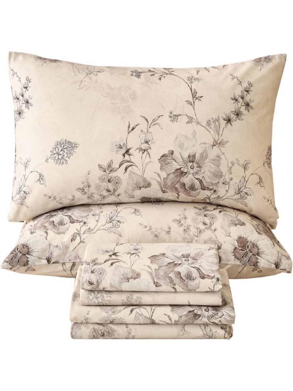 Luxury Beige King Size 4Pc Sheet Set - 100% Cotton Flannel, Deep Pocket, Floral